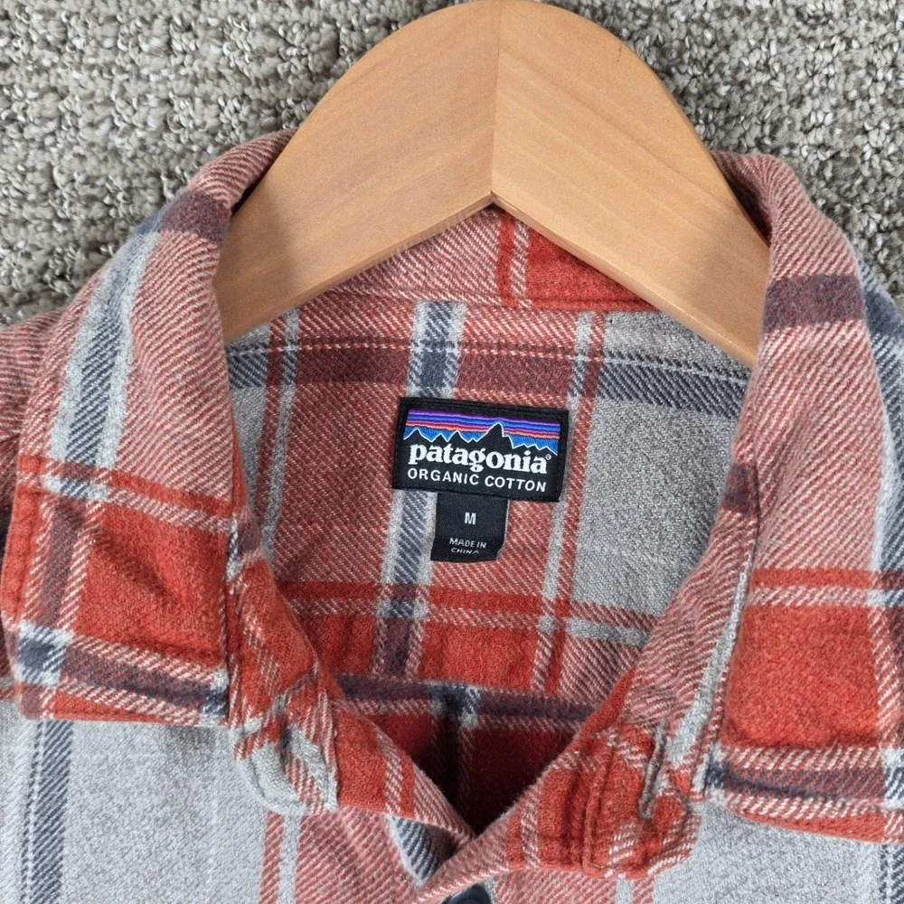 Patagonia Mens‎ Cotton Fjord Flannel Shirt Medium Orange Long Sleeve Plaid